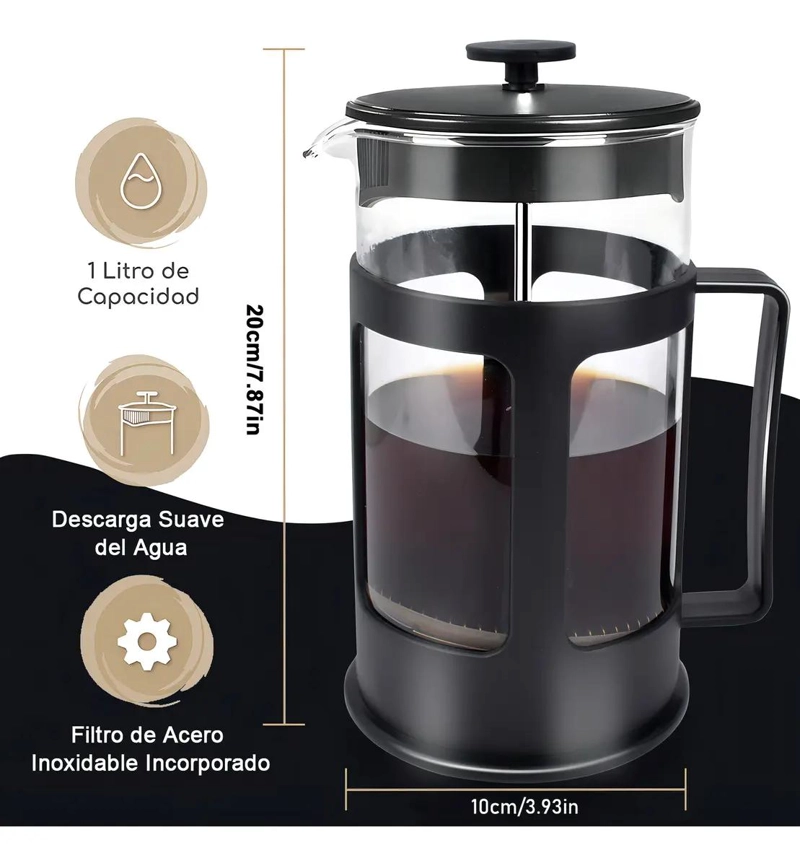 CAFETERA PRENSA FRANCESA DE VIDRIO PARA CAFE  Y TE  CAPACIDAD 1 LITRO - 2