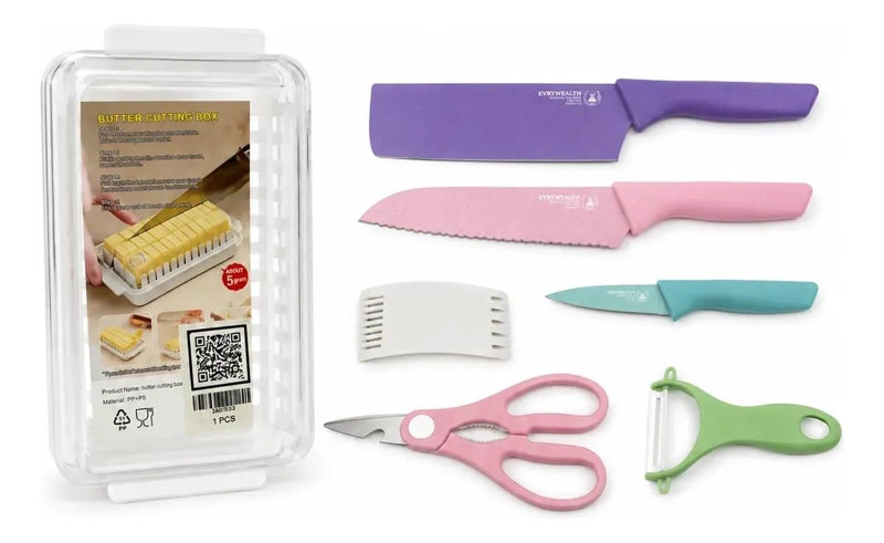 SET DE COCINA CON 5 PIEZAS: CUCHILLOS, TIJERA, PELADOR Y MANTEQUILLERA - 1