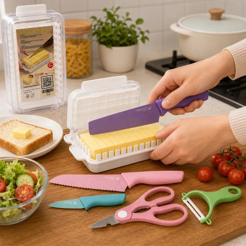 SET DE COCINA CON 5 PIEZAS: CUCHILLOS, TIJERA, PELADOR Y MANTEQUILLERA - 2