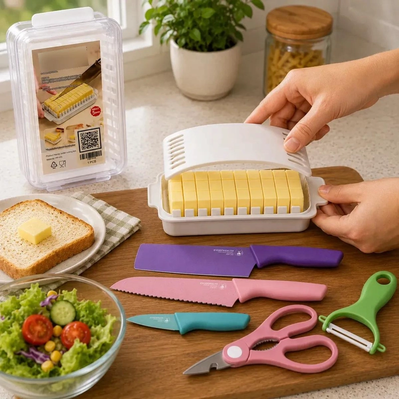 SET DE COCINA CON 5 PIEZAS: CUCHILLOS, TIJERA, PELADOR Y MANTEQUILLERA - 3