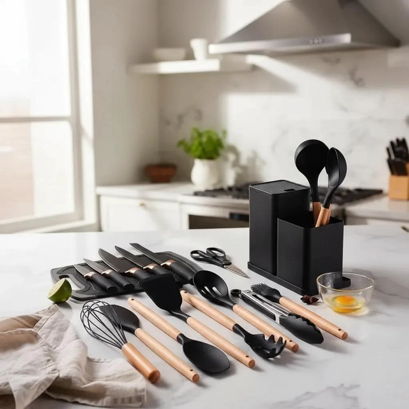 SET COMPLETO DE CUCHILLOS Y UTENSILIOS DE COCINA CON BASE NEGRA - 1
