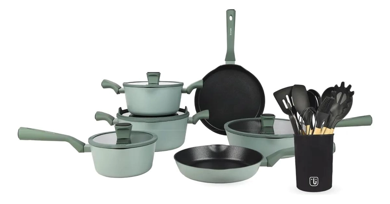 BATERIA DE COCINA COMPLETA CON SET DE 12 UTENSILIOS EN NEGRO - 1