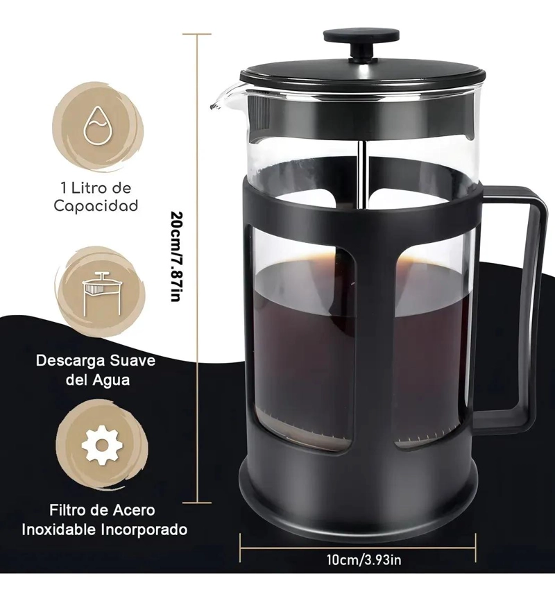 CAFETERA PRENSA FRANCESA DE VIDRIO PARA CAFE  Y TE  CAPACIDAD 1 LITRO - 2