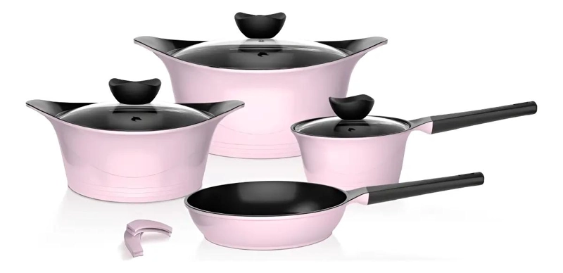 JUEGO DE COCINA DE ALUMINIO FUNDIDO CON 7 PIEZAS EN COLOR ROSADO - 1