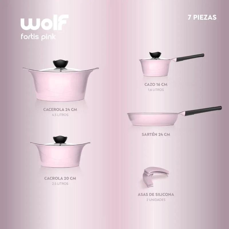 JUEGO DE COCINA DE ALUMINIO FUNDIDO CON 7 PIEZAS EN COLOR ROSADO - 2