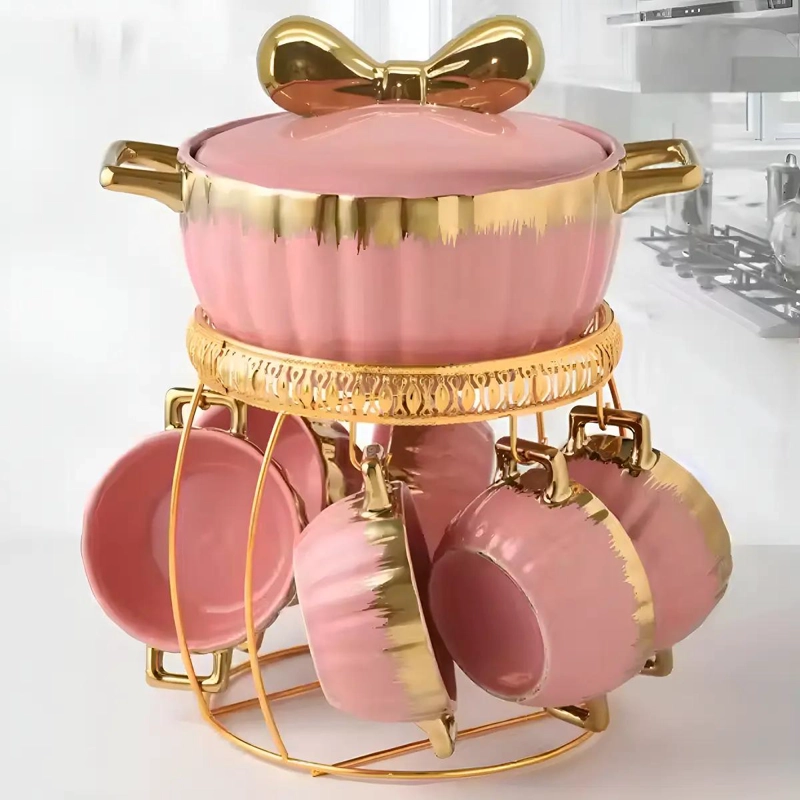JUEGO DE OLLA SOPERA CON 6 POCILLOS EN COLORES ROSA Y BLANCO - 1