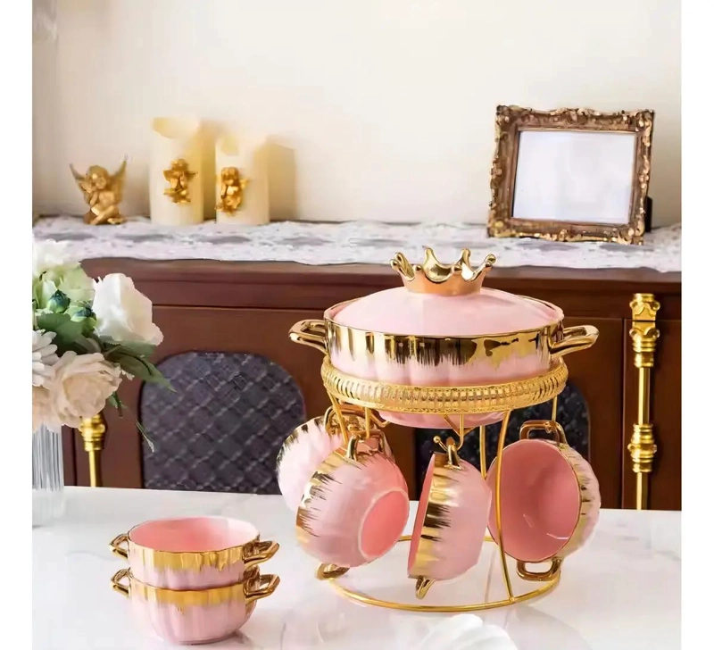 JUEGO DE OLLA SOPERA CON 6 POCILLOS EN COLORES ROSA Y BLANCO - 2