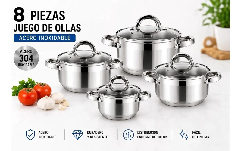 JUEGO DE OLLAS DE ACERO INOXIDABLE CON 8 PIEZAS PARA COCINA - 2