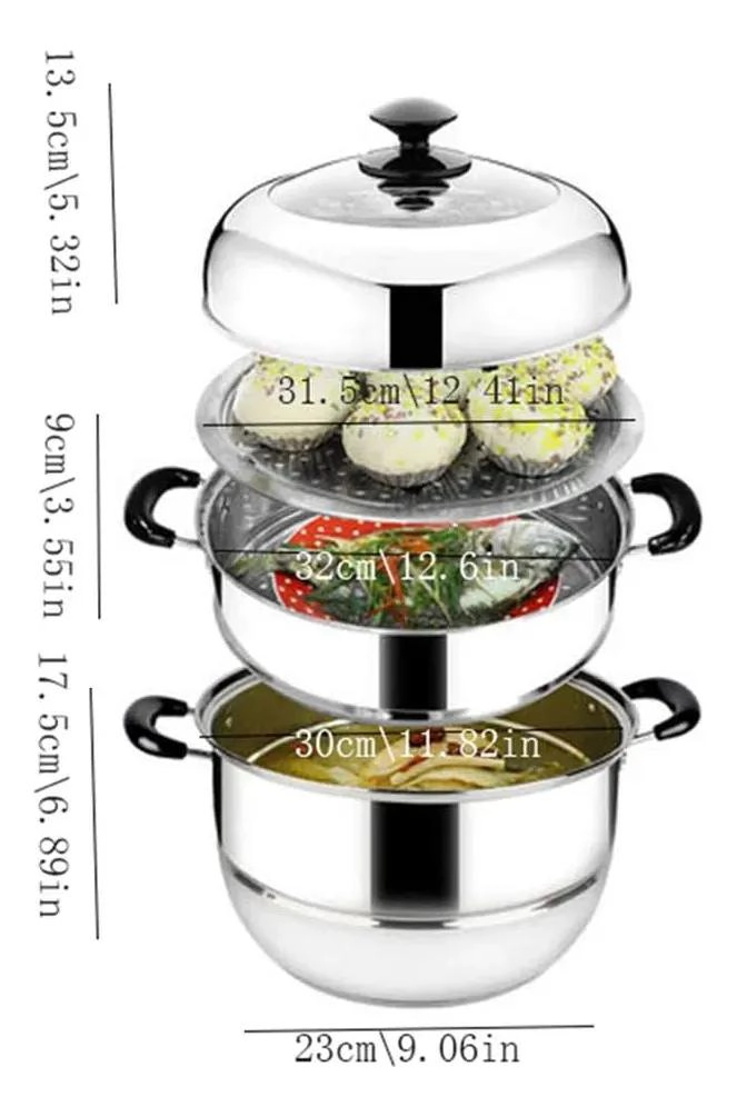 VAPORERA DE ACERO INOXIDABLE CON 3 NIVELES Y DIAMETRO DE 32 CM PARA COCINA - 2
