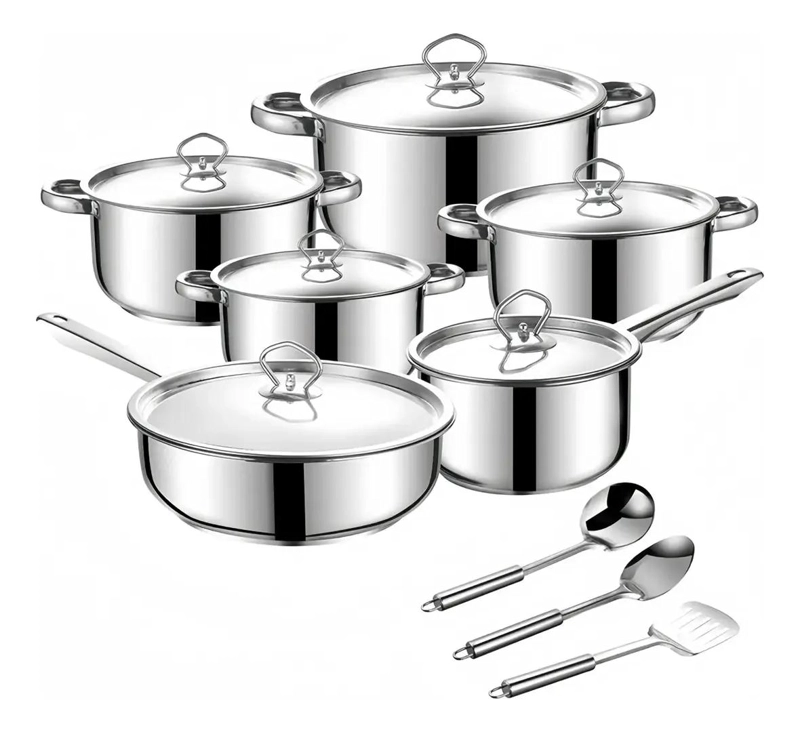 JUEGO DE OLLAS Y CACEROLAS DE ACERO INOXIDABLE PLATEADO 15 PIEZAS - 1