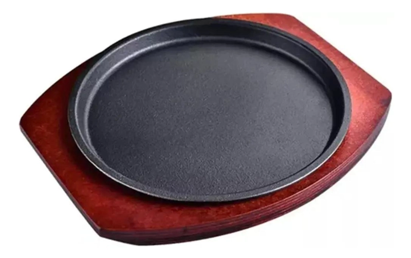 PLATO PLANCHA DE HIERRO FUNDIDO CON BASE DE MADERA PARA COCINAR 27 CM - 1