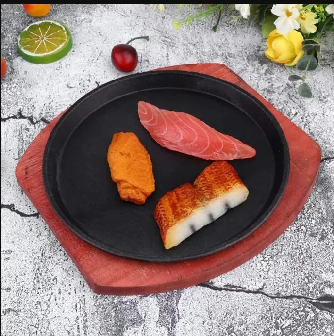 PLATO PLANCHA DE HIERRO FUNDIDO CON BASE DE MADERA PARA COCINAR 27 CM - 3