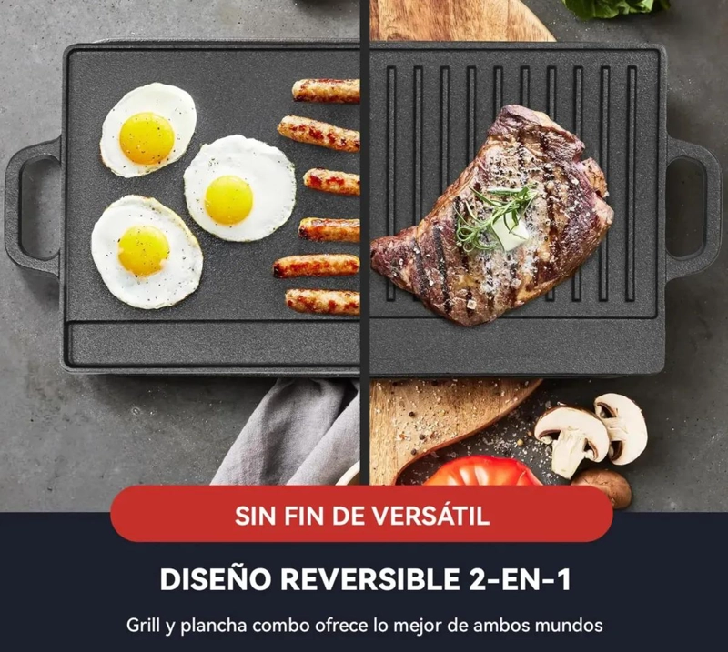 PLANCHA CHURRASQUERA REVERSIBLE DE HIERRO FUNDIDO 2 EN 1 PARA COCINA - 3