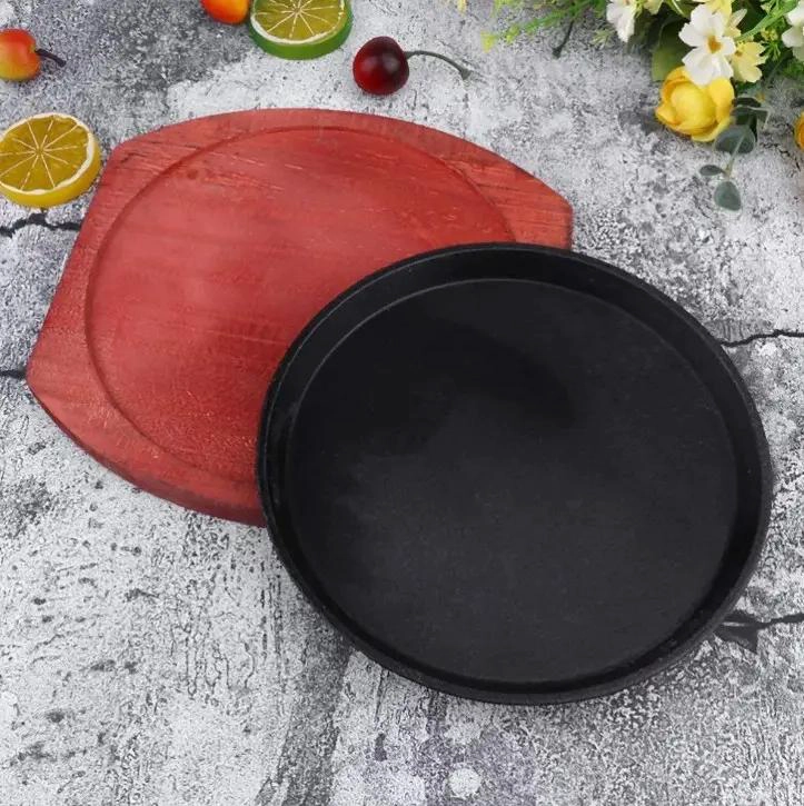 PLATO PLANCHA DE HIERRO FUNDIDO CON BASE DE MADERA PARA COCINAR - 2