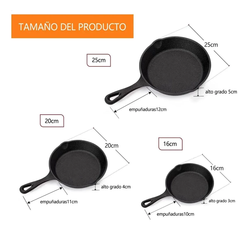 JUEGO DE 3 SARTENES DE HIERRO FUNDIDO COLOR NEGRO PARA COCINA - 2
