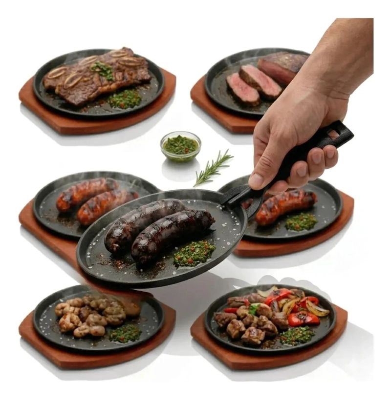 SET DE 6 PLATOS DE FIERRO FUNDIDO DE 23 CM CON BASE DE MADERA - 1