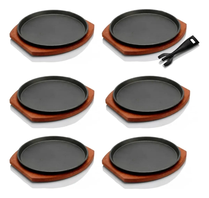 SET DE 6 PLATOS DE FIERRO FUNDIDO DE 23 CM CON BASE DE MADERA - 2