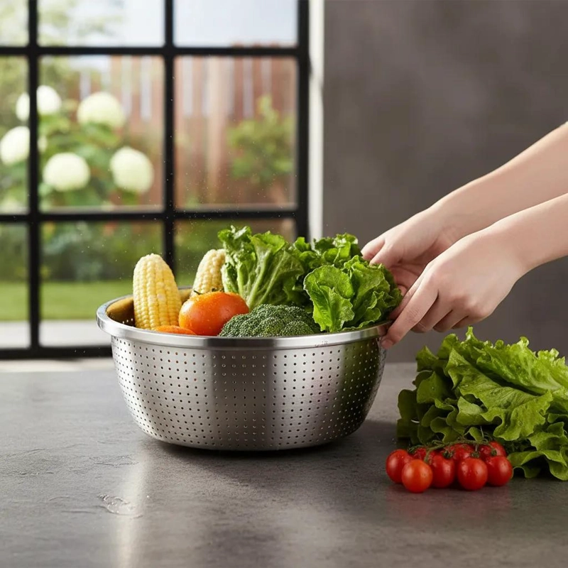 COLADOR ESCURRIDOR DE ACERO INOXIDABLE DE 28 CM PARA PASTA Y COCINA - 2