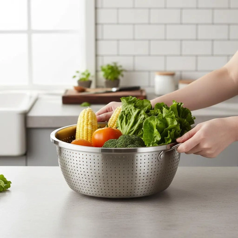 COLADOR ESCURRIDOR DE ACERO INOXIDABLE DE 28 CM PARA PASTA Y COCINA - 3