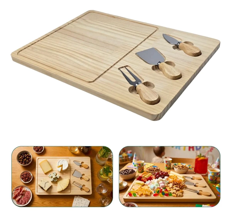 TABLA RECTANGULAR DE MADERA PARA QUESOS CON SET DE CUCHILLOS PARA PICOTEO - 1