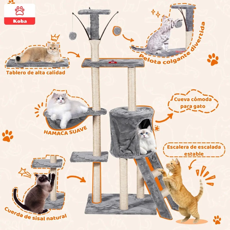 TORRE PARA GATOS CON RASCADOR, HAMACA Y BOLA DE YUTE DE 138 CM - 2