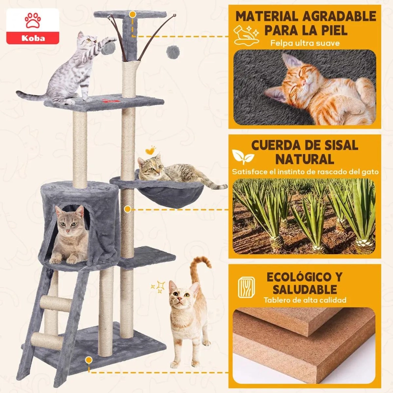 TORRE PARA GATOS CON RASCADOR, HAMACA Y BOLA DE YUTE DE 138 CM - 3