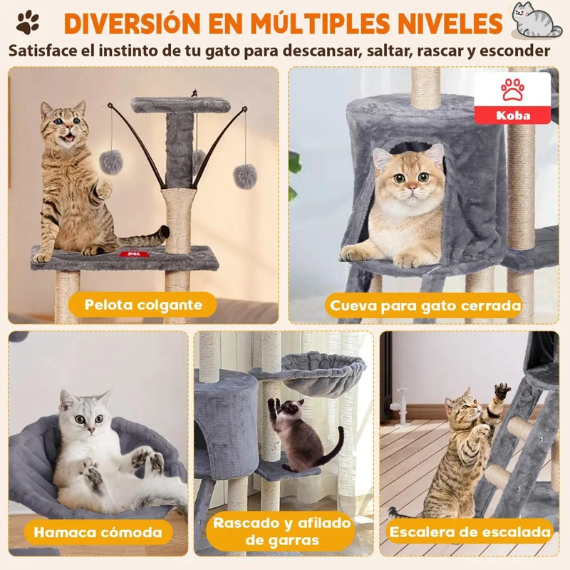 TORRE PARA GATOS CON RASCADOR, HAMACA Y BOLA DE YUTE DE 138 CM - 4