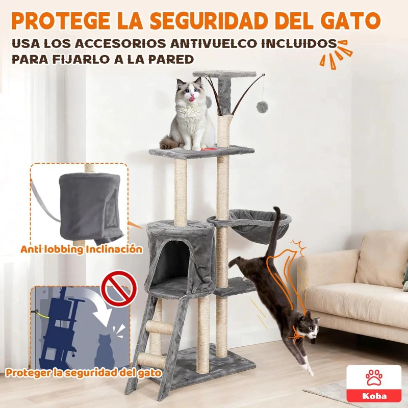 TORRE PARA GATOS CON RASCADOR, HAMACA Y BOLA DE YUTE DE 138 CM - 5
