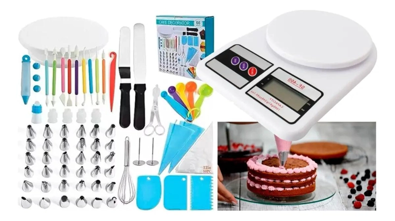 KIT COMPLETO DE DECORACION PARA PASTELES CON 66 PIEZAS Y PESA GRAMERA - 1