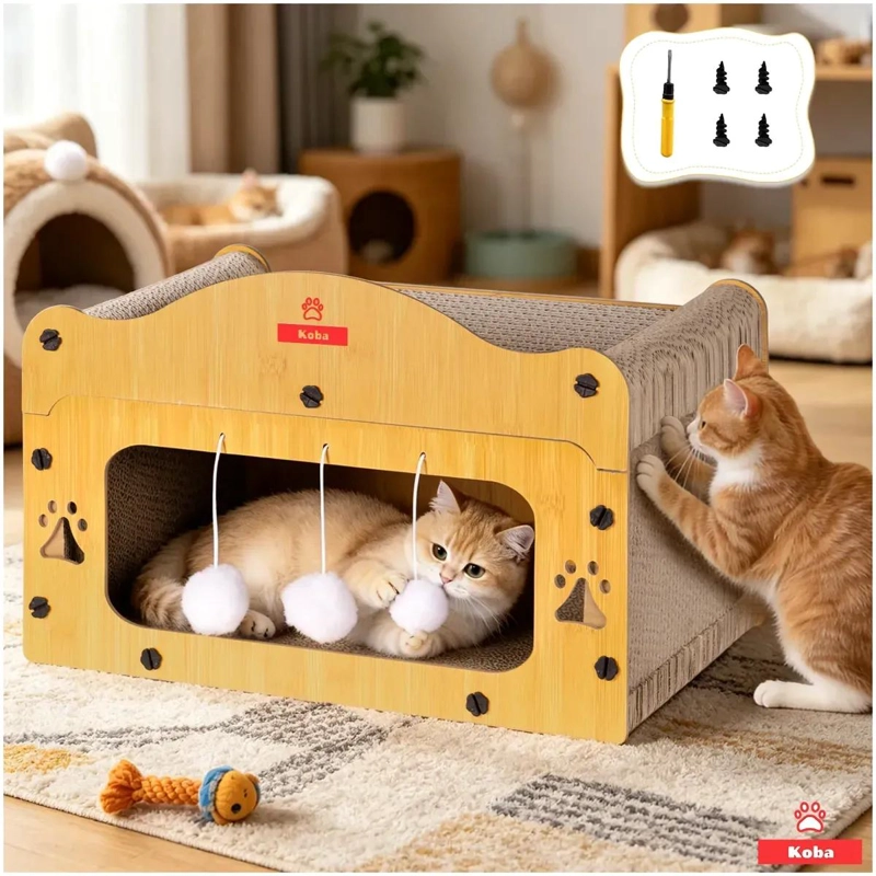 RASCADOR PARA GATOS TIPO CUEVA CON POMPONES Y DISEÑO DE CARTON - 1