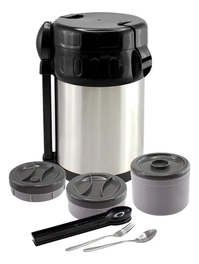 TERMO PARA COMIDA GRANDE DE ACERO INOXIDABLE CON 3 ENVASES Y CUBIERTOS - 1