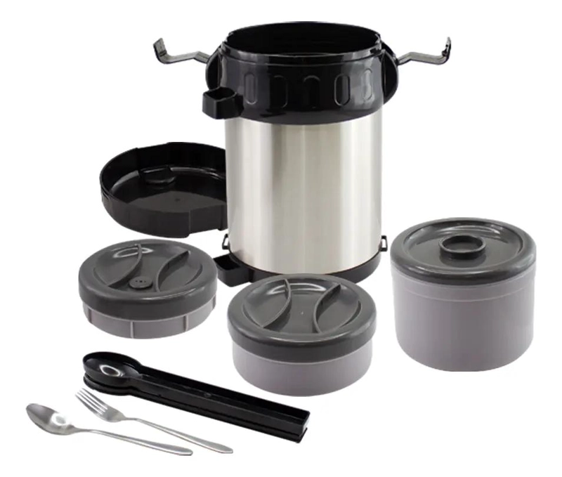 TERMO PARA COMIDA GRANDE DE ACERO INOXIDABLE CON 3 ENVASES Y CUBIERTOS - 4