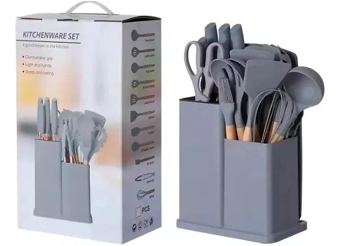 JUEGO DE UTENSILIOS DE COCINA DE SILICONA CON SOPORTE DE MADERA 19 PIEZAS - 1