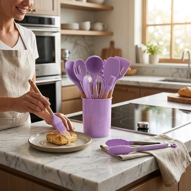 JUEGO DE UTENSILIOS DE COCINA DE SILICONA CON 12 PIEZAS COLOR MORADO - 3