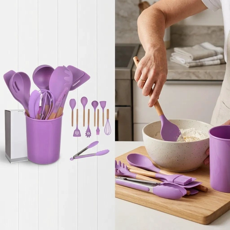 JUEGO DE UTENSILIOS DE COCINA DE SILICONA CON 12 PIEZAS COLOR MORADO - 4