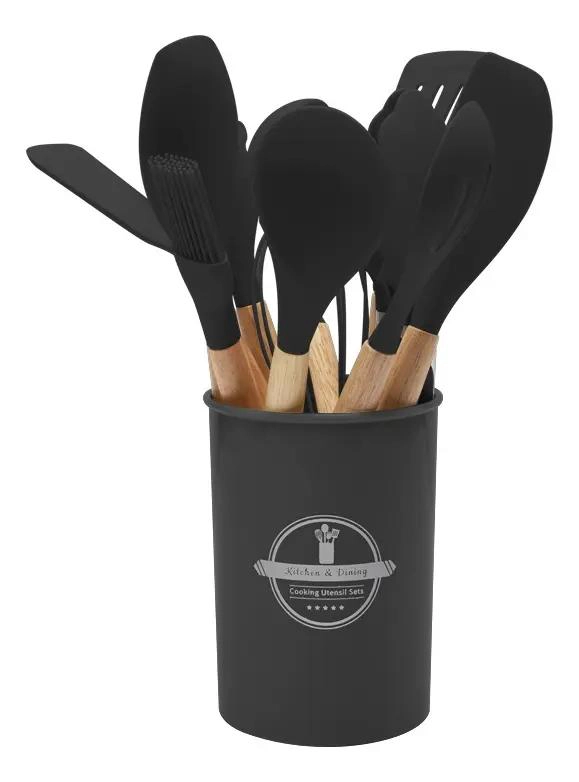 SET DE 12 UTENSILIOS DE COCINA EN SILICONA Y MADERA PARA USO DIARIO - 1