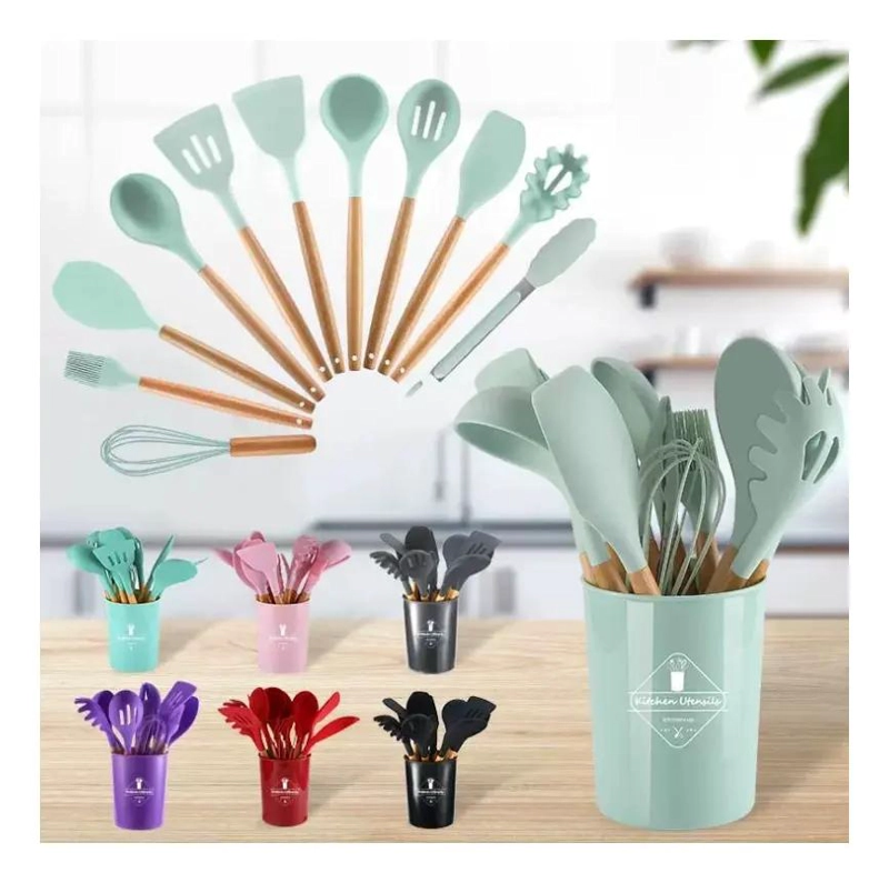 SET DE 12 UTENSILIOS DE COCINA EN SILICONA Y MADERA PARA USO DIARIO - 3