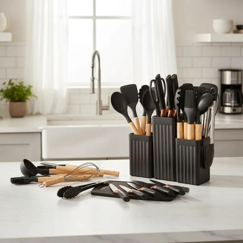 JUEGO COMPLETO DE UTENSILIOS DE COCINA CON MANGO DE MADERA Y SILICONA 19 PIEZAS - 1