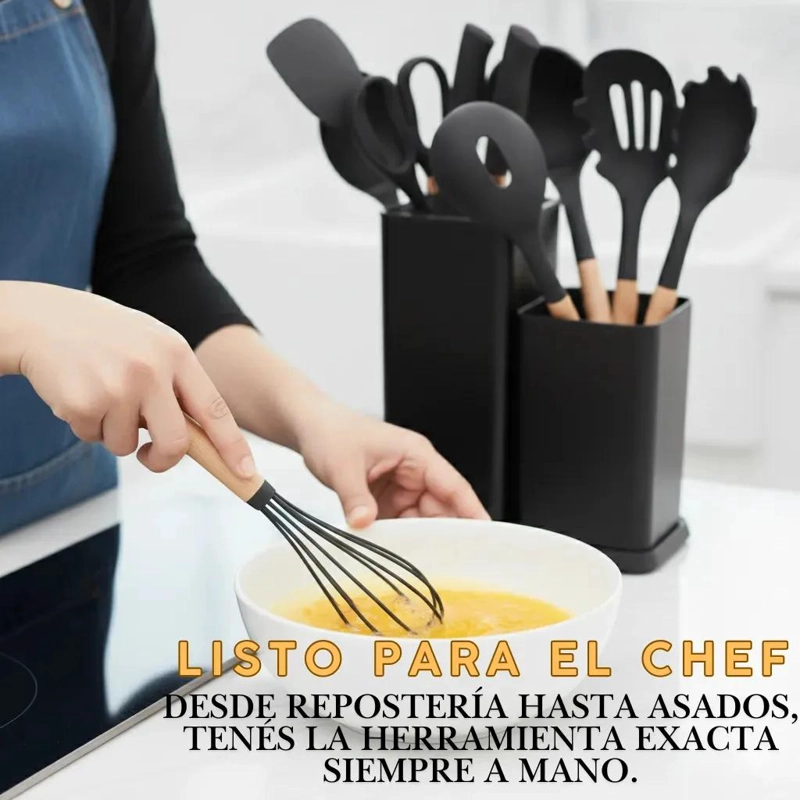 JUEGO COMPLETO DE UTENSILIOS DE COCINA CON MANGO DE MADERA Y SILICONA 19 PIEZAS - 2