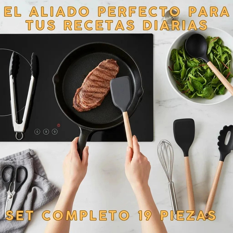 JUEGO COMPLETO DE UTENSILIOS DE COCINA CON MANGO DE MADERA Y SILICONA 19 PIEZAS - 3