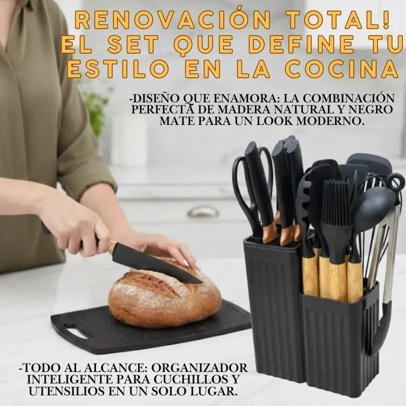 JUEGO COMPLETO DE UTENSILIOS DE COCINA CON MANGO DE MADERA Y SILICONA 19 PIEZAS - 4