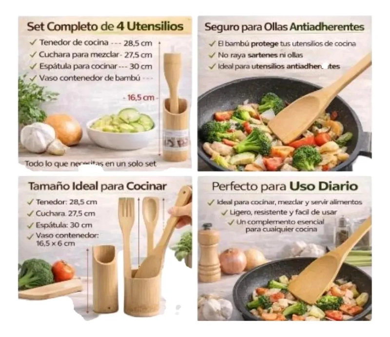 SET DE UTENSILIOS DE COCINA EN MADERA DE BAMBU CON 4 PIEZAS - 4