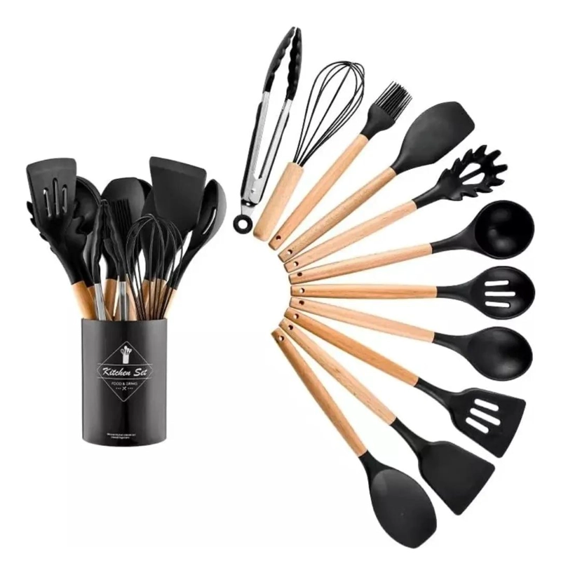 SET DE 12 UTENSILIOS DE COCINA CON MANGO DE SILICONA Y MADERA PARA REPOSTERIA - 1