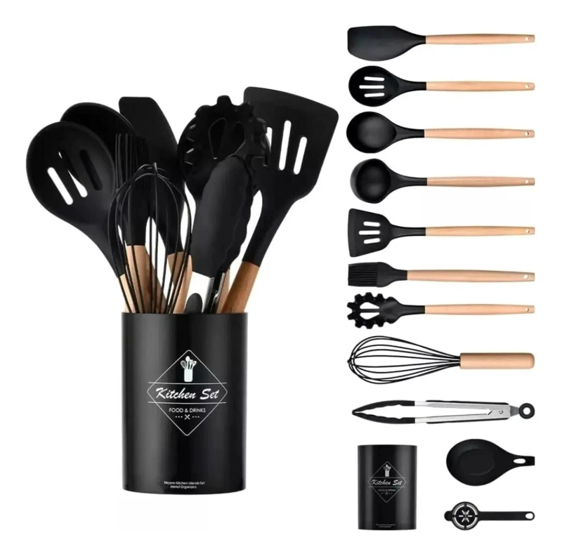 SET DE 12 UTENSILIOS DE COCINA CON MANGO DE SILICONA Y MADERA PARA REPOSTERIA - 2