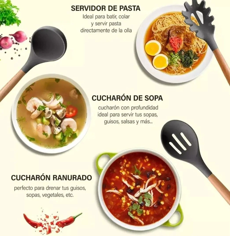 SET DE 12 UTENSILIOS DE COCINA CON MANGO DE SILICONA Y MADERA PARA REPOSTERIA - 4