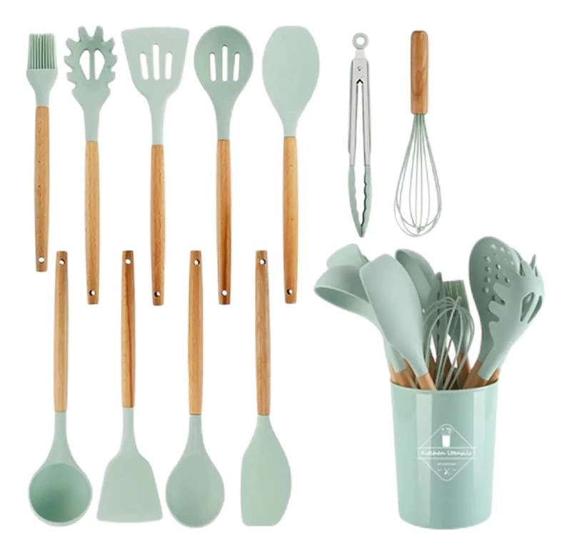 SET DE 12 UTENSILIOS DE COCINA CON MANGO DE SILICONA Y MADERA PARA REPOSTERIA - 1