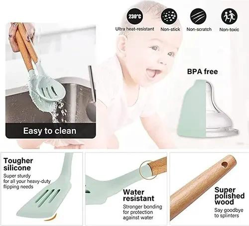 SET DE 12 UTENSILIOS DE COCINA CON MANGO DE SILICONA Y MADERA PARA REPOSTERIA - 2