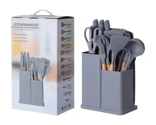 SET DE UTENSILIOS DE COCINA DE SILICONA CON SOPORTE DE MADERA RESISTENTE - 1