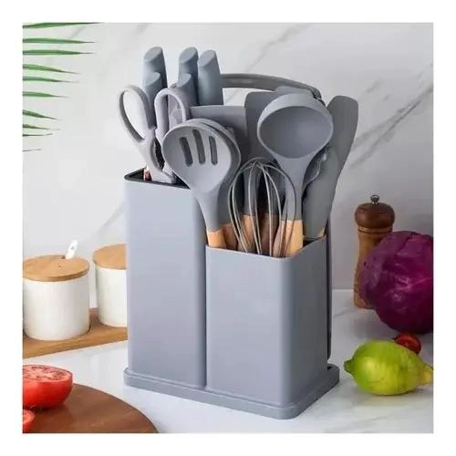 SET DE UTENSILIOS DE COCINA DE SILICONA CON SOPORTE DE MADERA RESISTENTE - 3