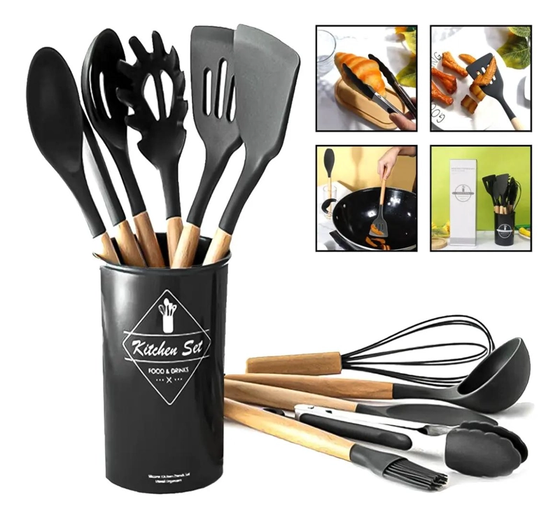 SET DE 12 UTENSILIOS DE COCINA CON MANGO DE MADERA Y SILICONA ANTIADHERENTE - 1